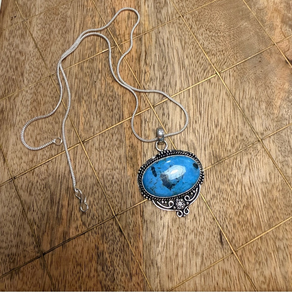 925 Plated Genuine Turquoise Stone Pendant Necklace‎